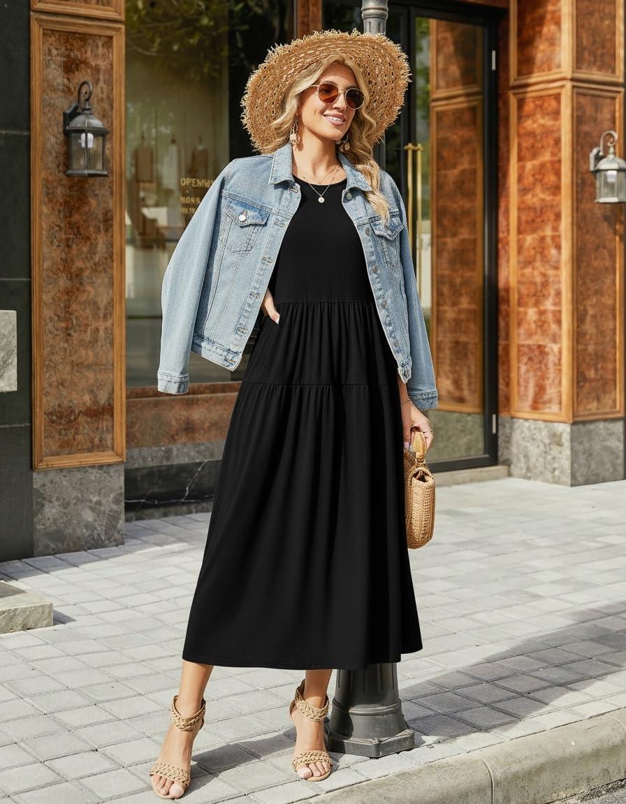 imageZeagoo Womens Maxi Dresses Summer Bohemian Floral Short Sleeve Long Dress Casual Flowy Tired Beach SundressBlack