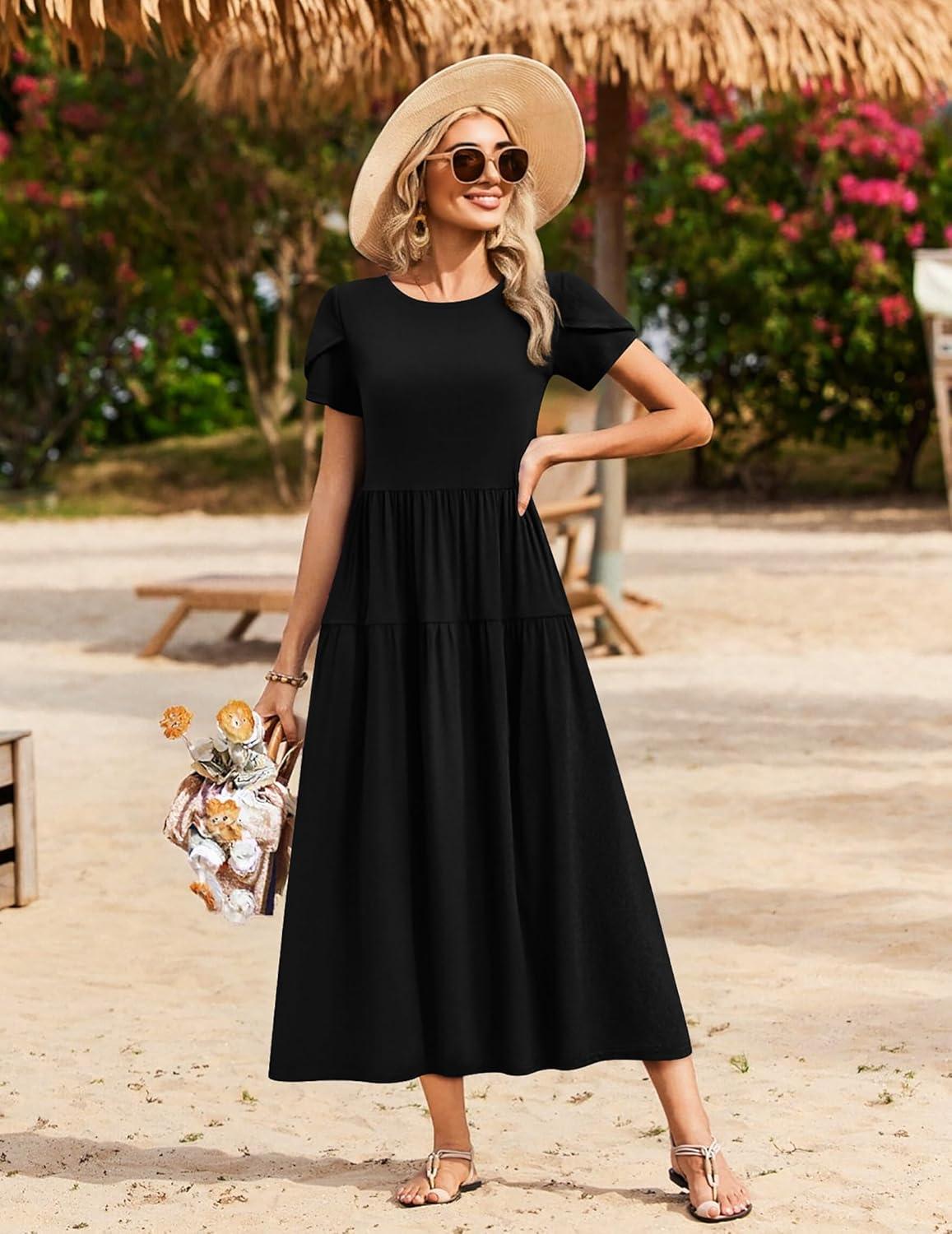 imageZeagoo Womens Maxi Dresses Summer Bohemian Floral Short Sleeve Long Dress Casual Flowy Tired Beach SundressBlack