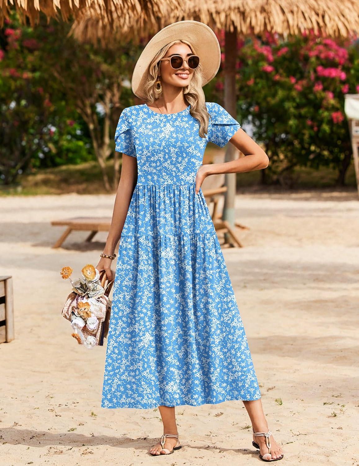 imageZeagoo Womens Maxi Dresses Summer Bohemian Floral Short Sleeve Long Dress Casual Flowy Tired Beach SundressBlue Floral