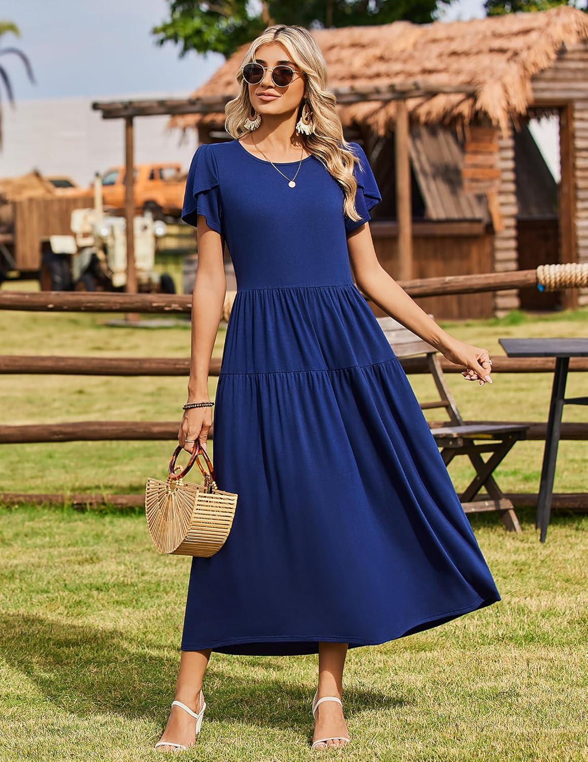 imageZeagoo Womens Maxi Dresses Summer Bohemian Floral Short Sleeve Long Dress Casual Flowy Tired Beach SundressNavy Blue