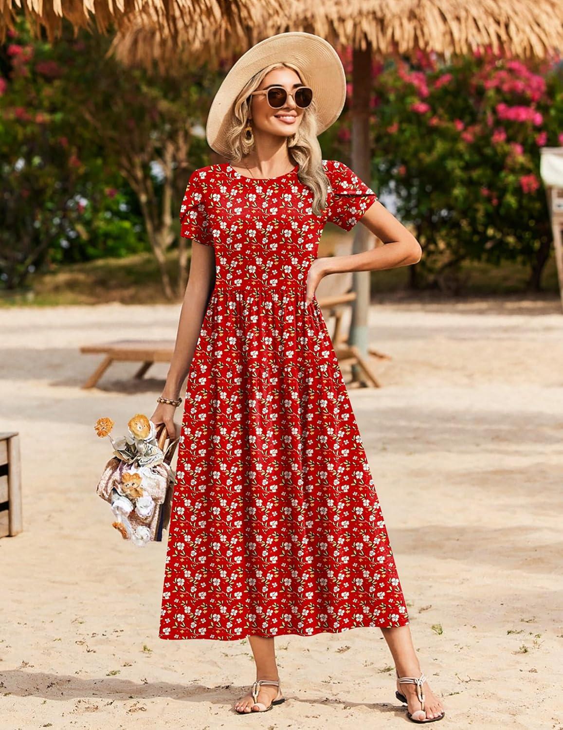 imageZeagoo Womens Maxi Dresses Summer Bohemian Floral Short Sleeve Long Dress Casual Flowy Tired Beach SundressRed Floral
