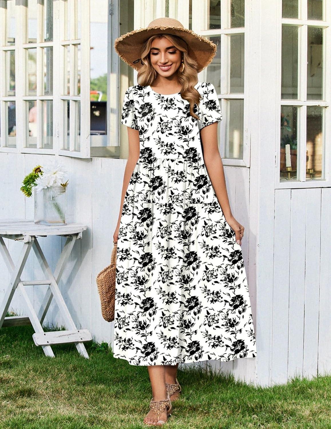 imageZeagoo Womens Maxi Dresses Summer Bohemian Floral Short Sleeve Long Dress Casual Flowy Tired Beach SundressSf196