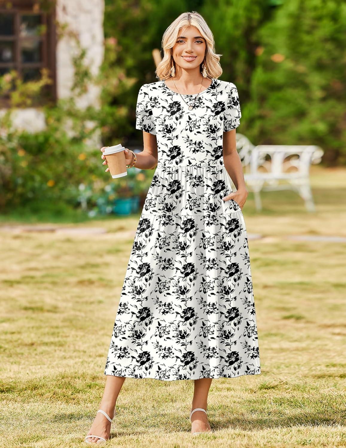 imageZeagoo Womens Maxi Dresses Summer Bohemian Floral Short Sleeve Long Dress Casual Flowy Tired Beach SundressSf196