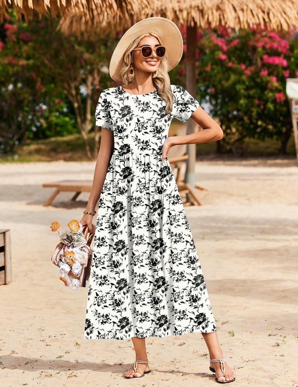 imageZeagoo Womens Maxi Dresses Summer Bohemian Floral Short Sleeve Long Dress Casual Flowy Tired Beach SundressSf196
