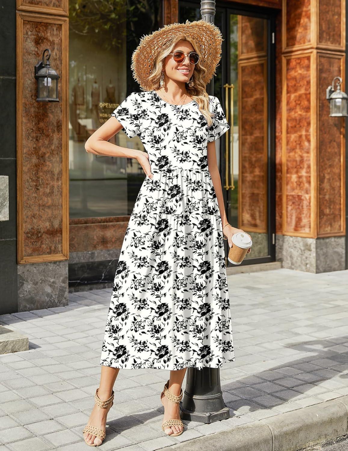 imageZeagoo Womens Maxi Dresses Summer Bohemian Floral Short Sleeve Long Dress Casual Flowy Tired Beach SundressSf196