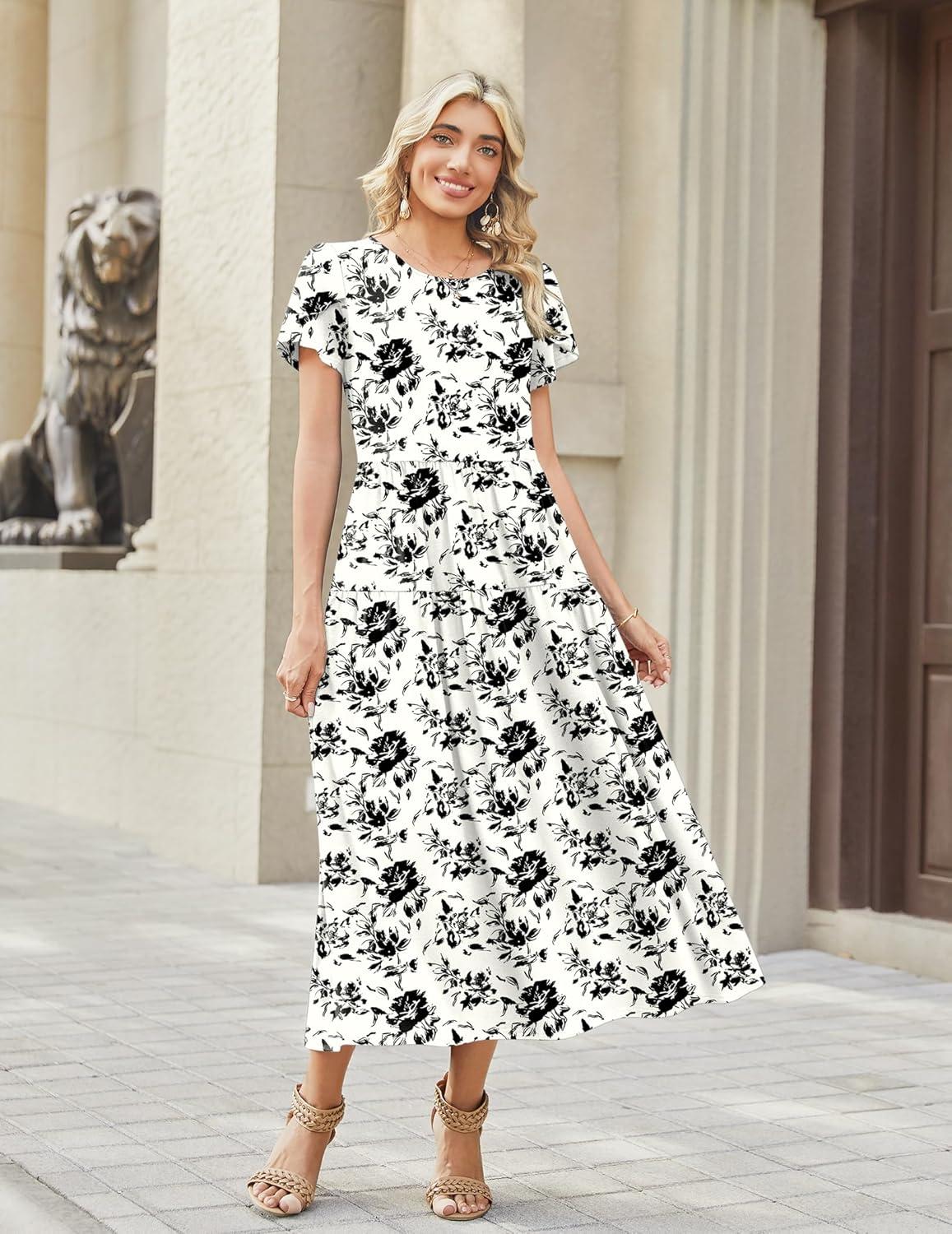 imageZeagoo Womens Maxi Dresses Summer Bohemian Floral Short Sleeve Long Dress Casual Flowy Tired Beach SundressSf196