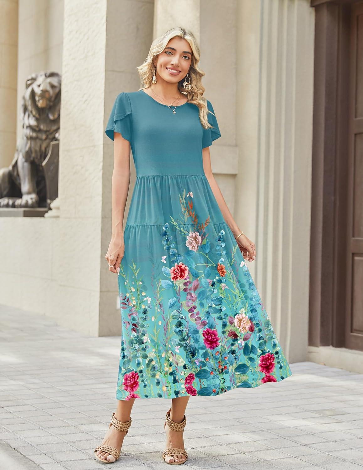 imageZeagoo Womens Maxi Dresses Summer Bohemian Floral Short Sleeve Long Dress Casual Flowy Tired Beach SundressWf115