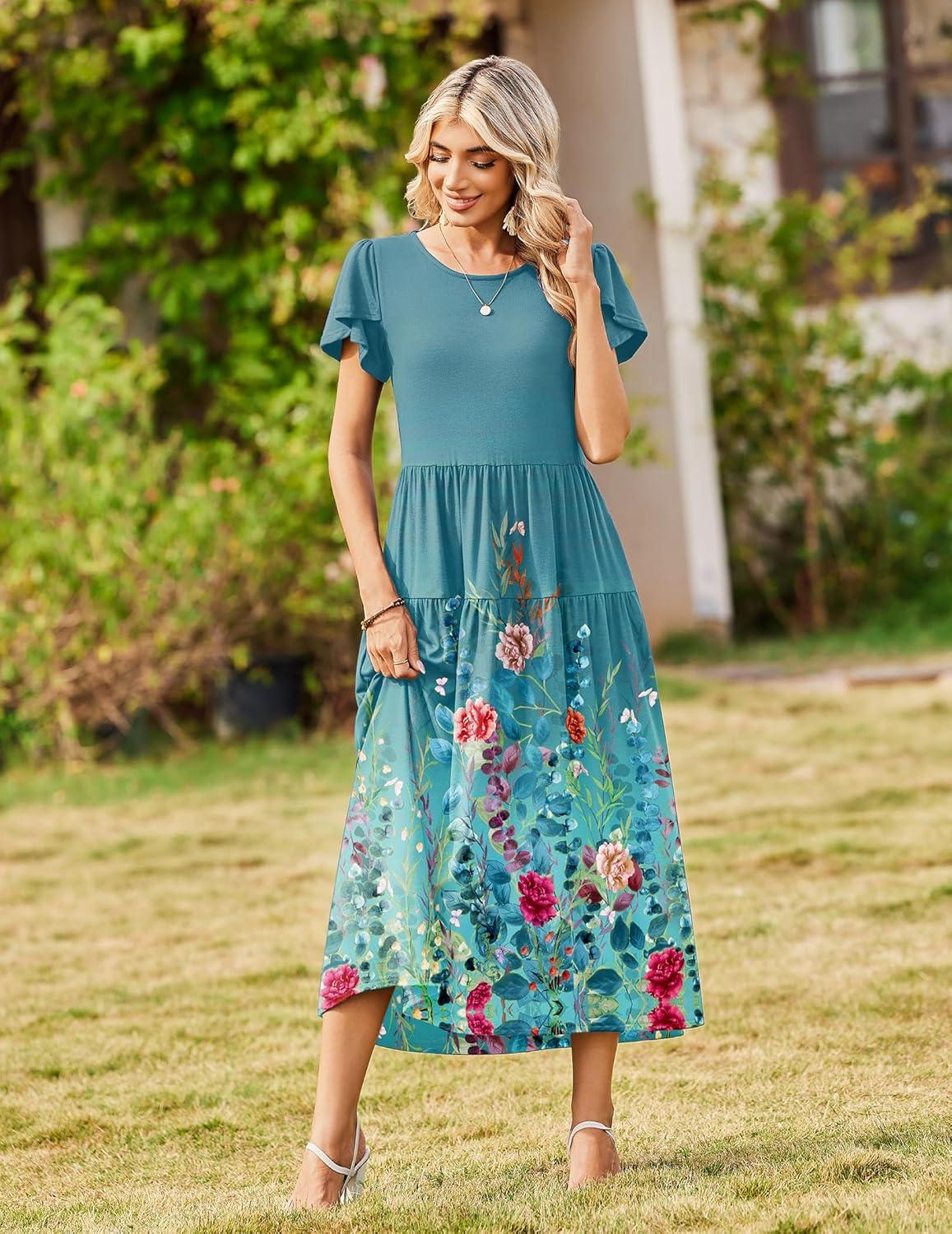 imageZeagoo Womens Maxi Dresses Summer Bohemian Floral Short Sleeve Long Dress Casual Flowy Tired Beach SundressWf115