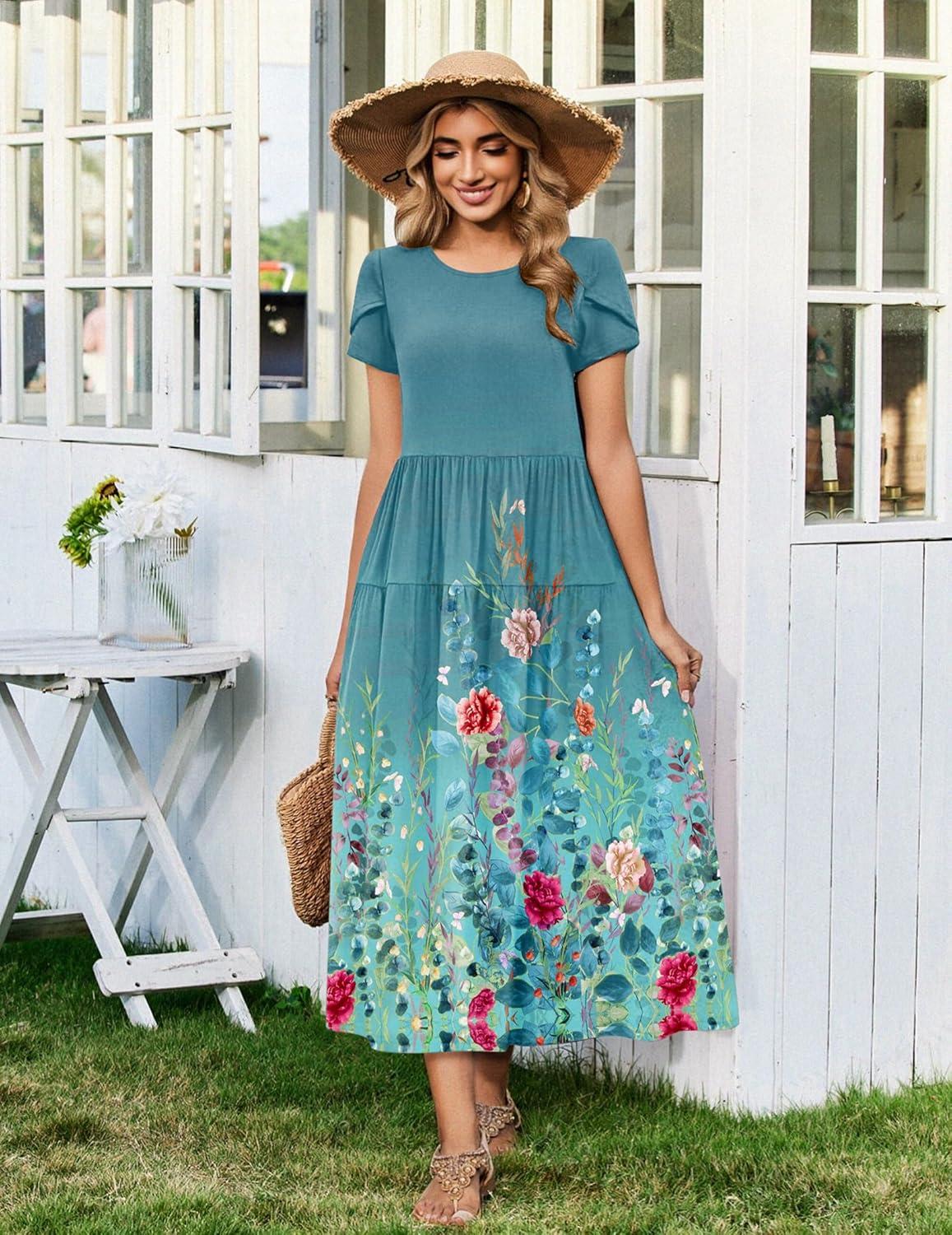 imageZeagoo Womens Maxi Dresses Summer Bohemian Floral Short Sleeve Long Dress Casual Flowy Tired Beach SundressWf115