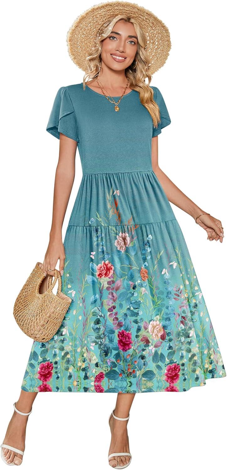 imageZeagoo Womens Maxi Dresses Summer Bohemian Floral Short Sleeve Long Dress Casual Flowy Tired Beach SundressWf115