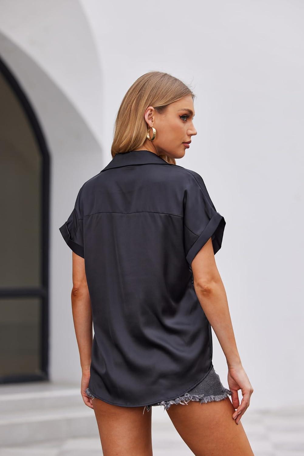 imageZeagoo Womens Satin Blouse Short Sleeve Silk Tops Button Down Shirts Business Casual OutfitsBlack