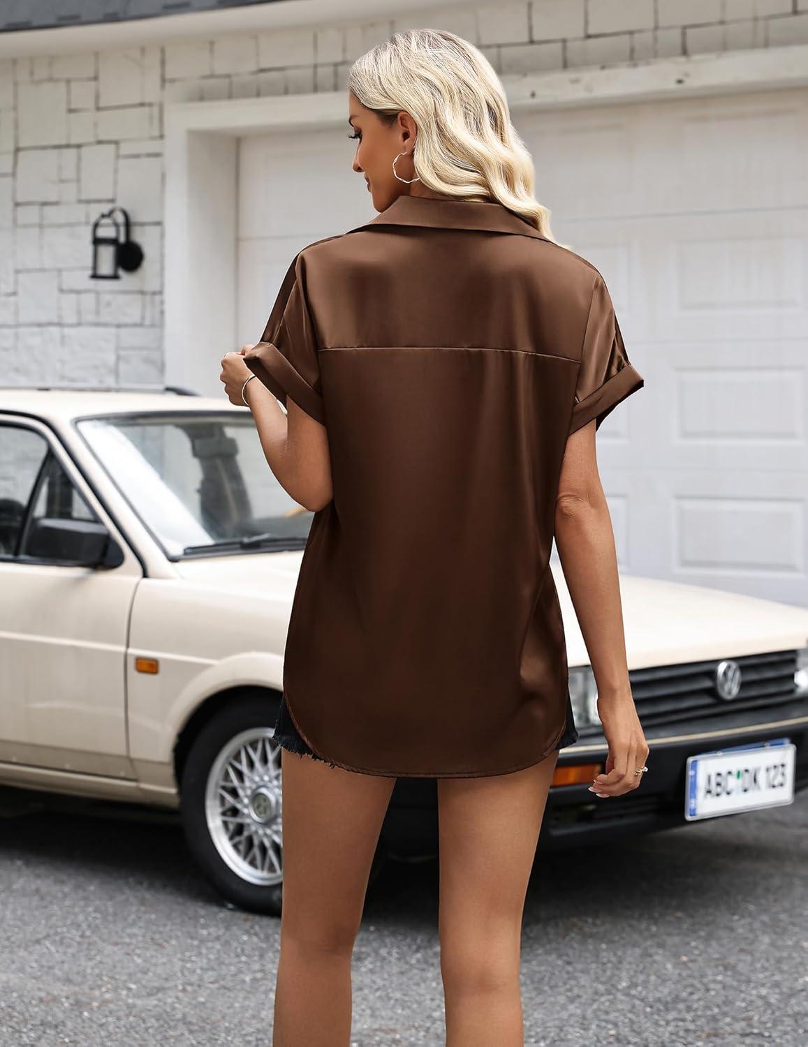 imageZeagoo Womens Satin Blouse Short Sleeve Silk Tops Button Down Shirts Business Casual OutfitsChocolate Brown