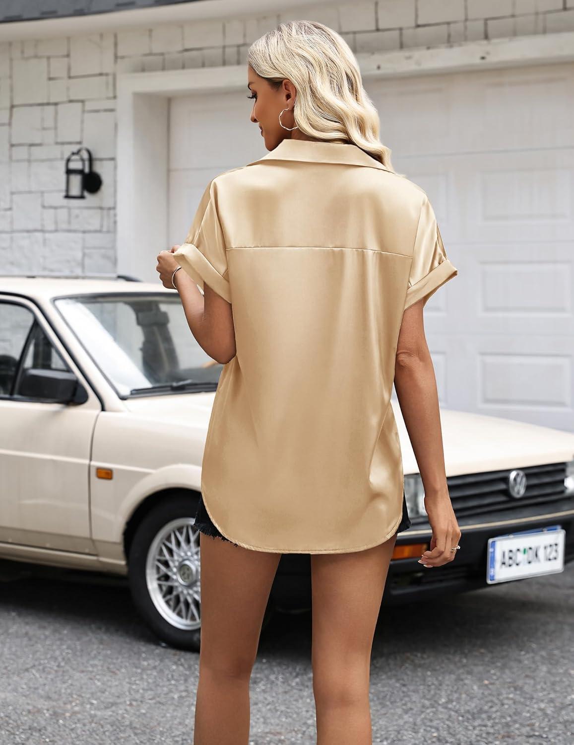 imageZeagoo Womens Satin Blouse Short Sleeve Silk Tops Button Down Shirts Business Casual OutfitsKhaki