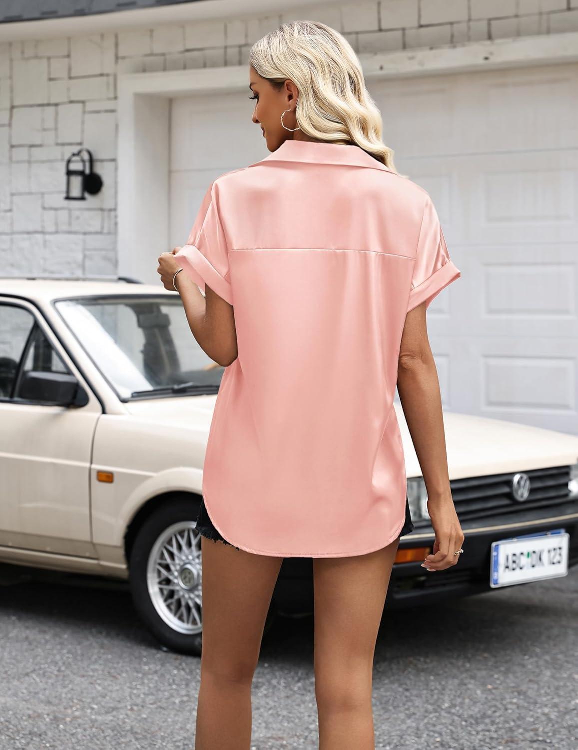 imageZeagoo Womens Satin Blouse Short Sleeve Silk Tops Button Down Shirts Business Casual OutfitsLight Pink