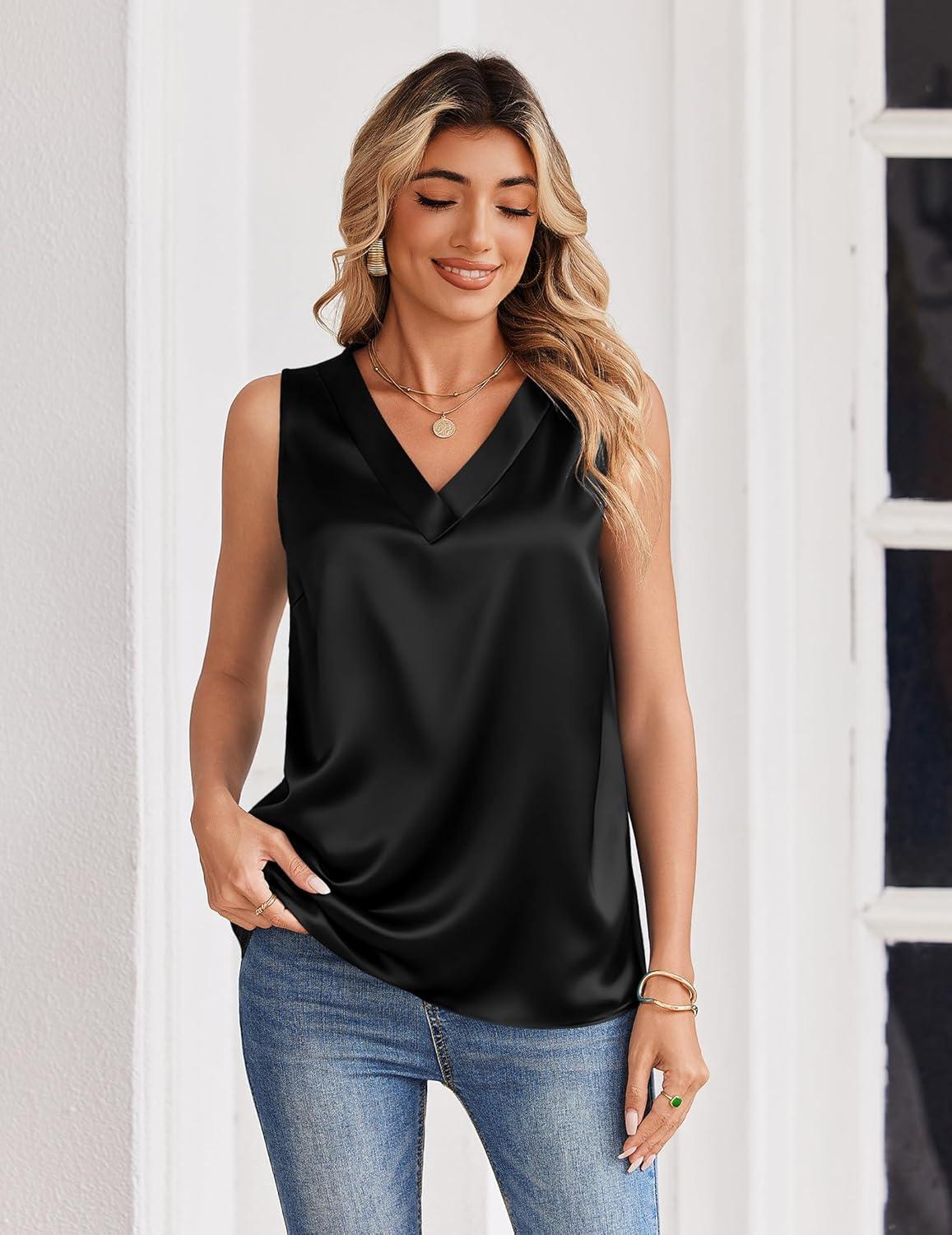 imageZeagoo Womens Silk Satin Tank Tops V Neck Casual Camisoles Sleeveless Business Work Blouses Dressy Summer ShirtsBlack