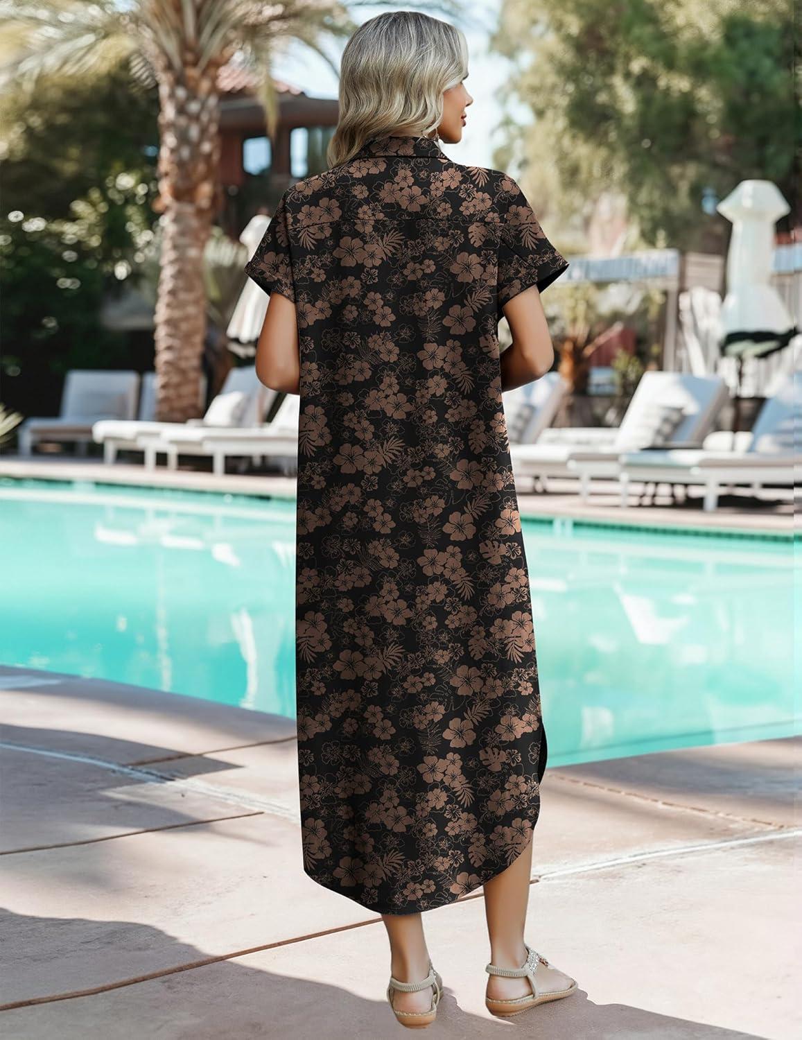 imageZeagoo Womens Summer Casual Short Sleeve Button Down Long Shirt Dresses Loose Swimsuit Beach Cover Ups with PocketsBlack Floral