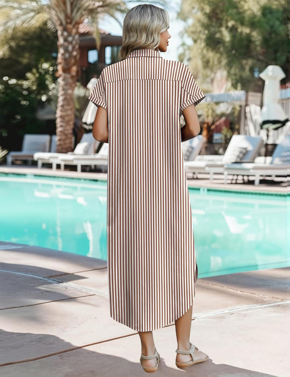 imageZeagoo Womens Summer Casual Short Sleeve Button Down Long Shirt Dresses Loose Swimsuit Beach Cover Ups with PocketsBrown Stripe