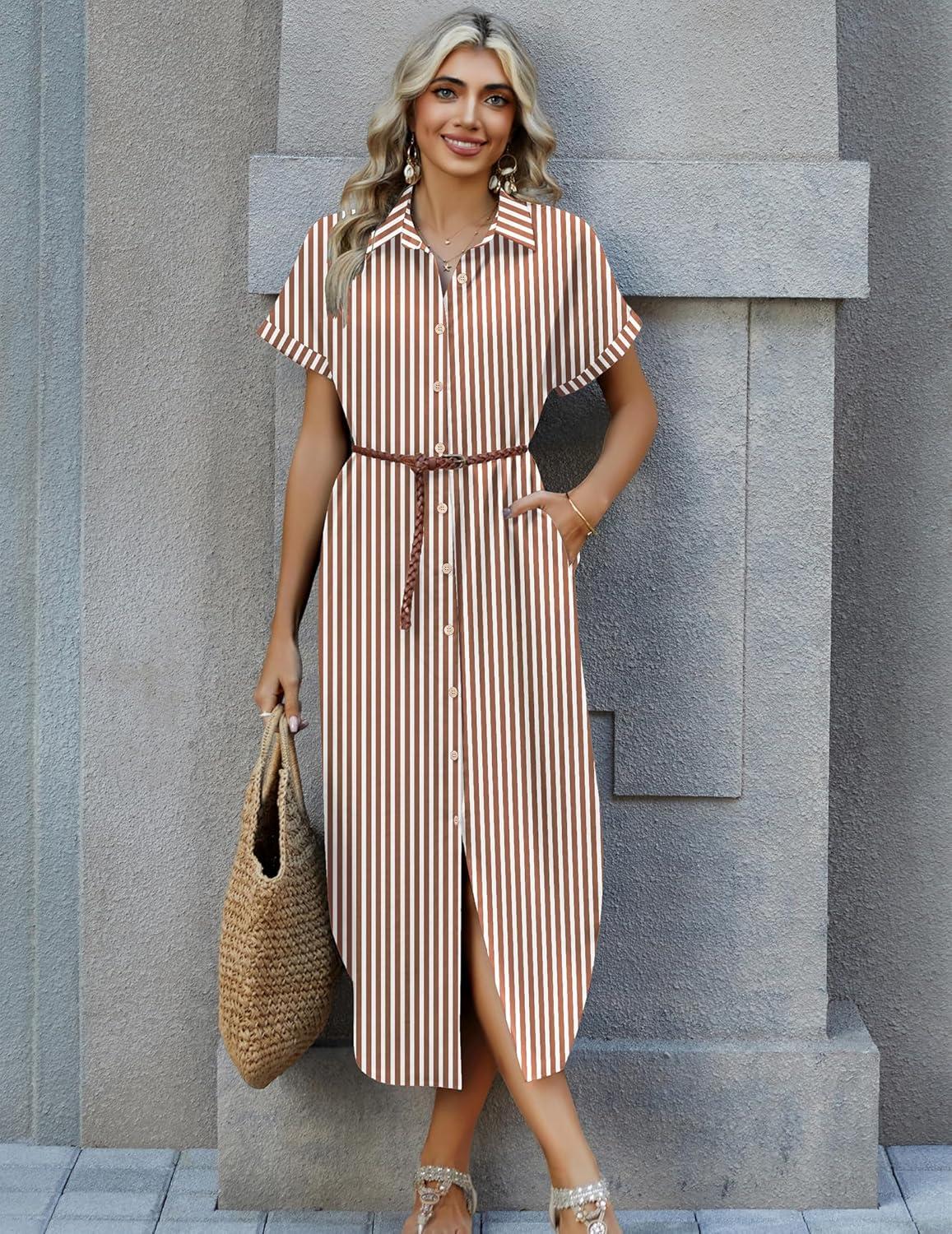 imageZeagoo Womens Summer Casual Short Sleeve Button Down Long Shirt Dresses Loose Swimsuit Beach Cover Ups with PocketsBrown Stripe