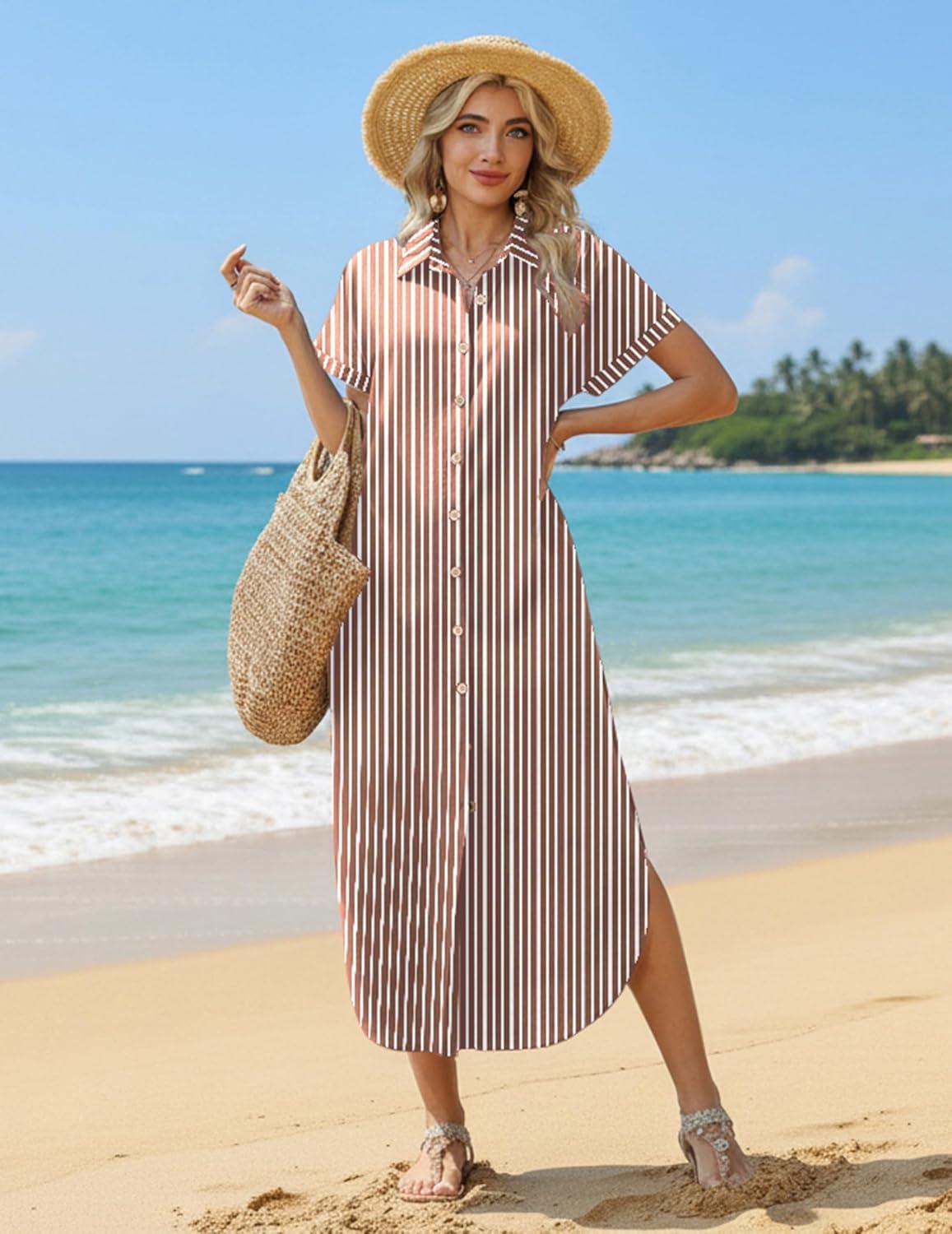 imageZeagoo Womens Summer Casual Short Sleeve Button Down Long Shirt Dresses Loose Swimsuit Beach Cover Ups with PocketsBrown Stripe