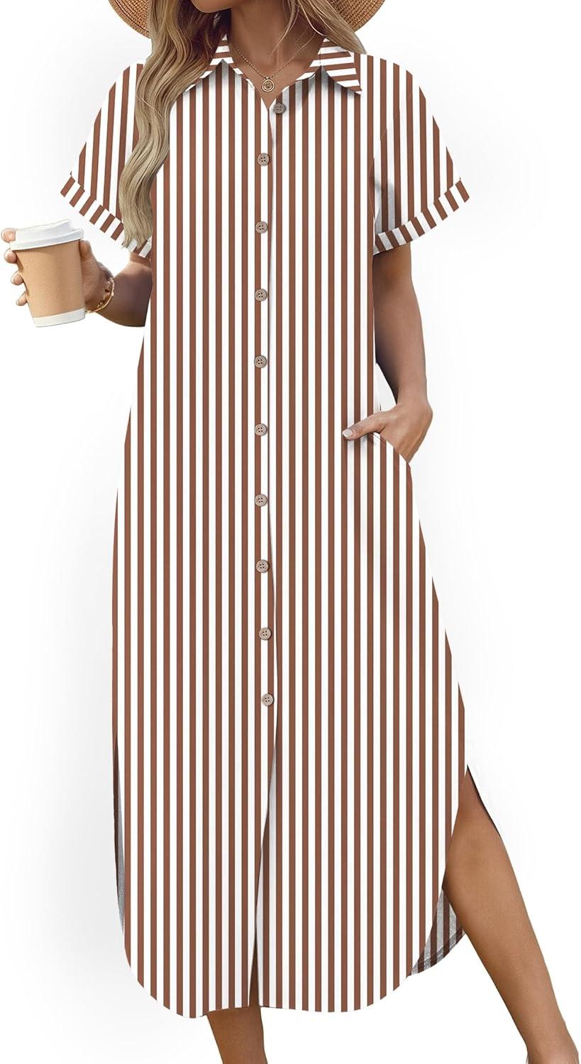 imageZeagoo Womens Summer Casual Short Sleeve Button Down Long Shirt Dresses Loose Swimsuit Beach Cover Ups with PocketsBrown Stripe