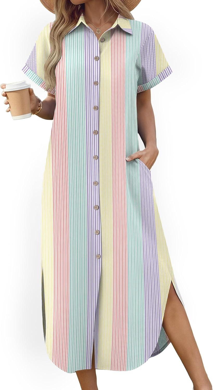 imageZeagoo Womens Summer Casual Short Sleeve Button Down Long Shirt Dresses Loose Swimsuit Beach Cover Ups with PocketsColor Stripe