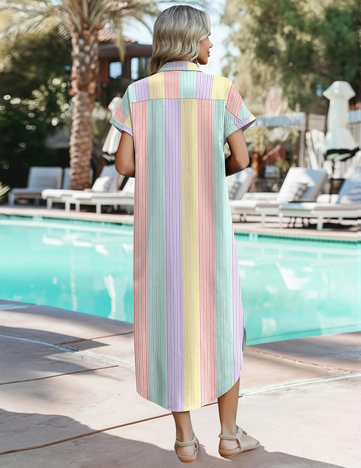 imageZeagoo Womens Summer Casual Short Sleeve Button Down Long Shirt Dresses Loose Swimsuit Beach Cover Ups with PocketsColor Stripe