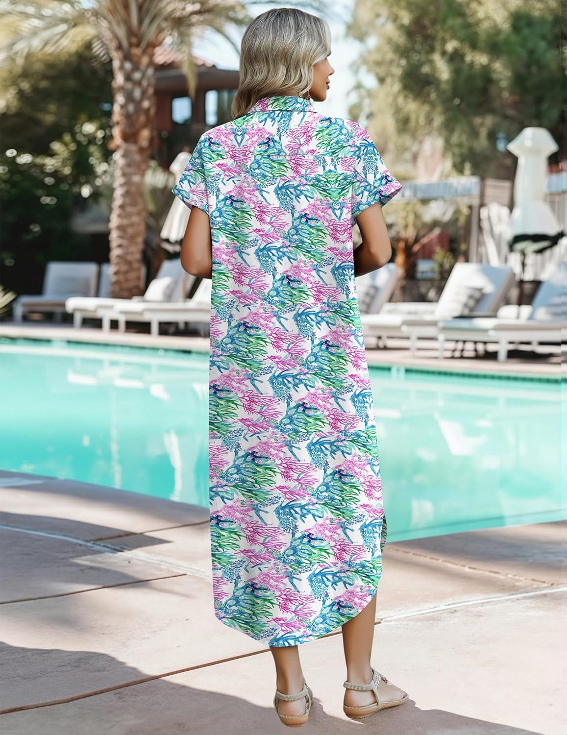 imageZeagoo Womens Summer Casual Short Sleeve Button Down Long Shirt Dresses Loose Swimsuit Beach Cover Ups with PocketsCoral Floral