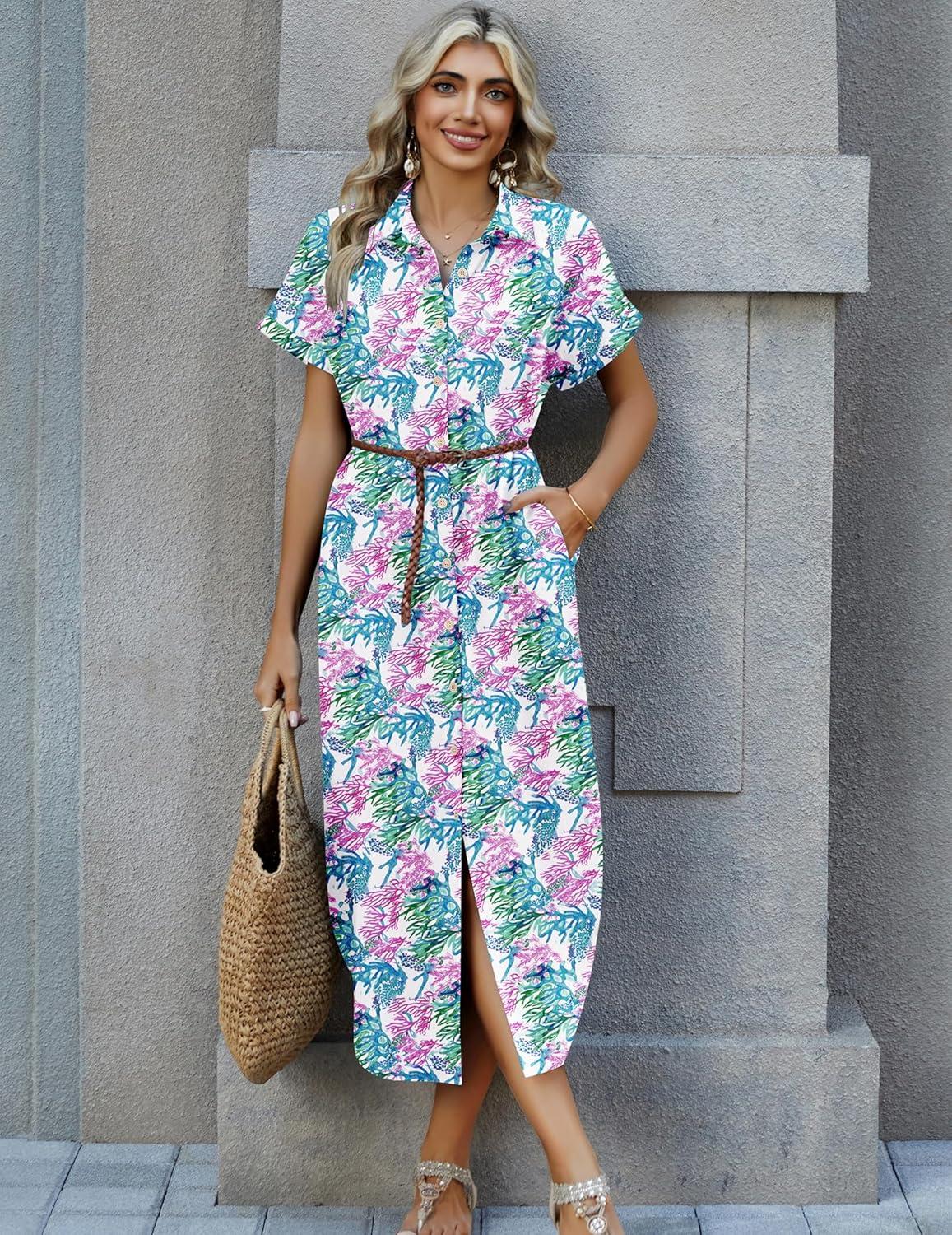 imageZeagoo Womens Summer Casual Short Sleeve Button Down Long Shirt Dresses Loose Swimsuit Beach Cover Ups with PocketsCoral Floral
