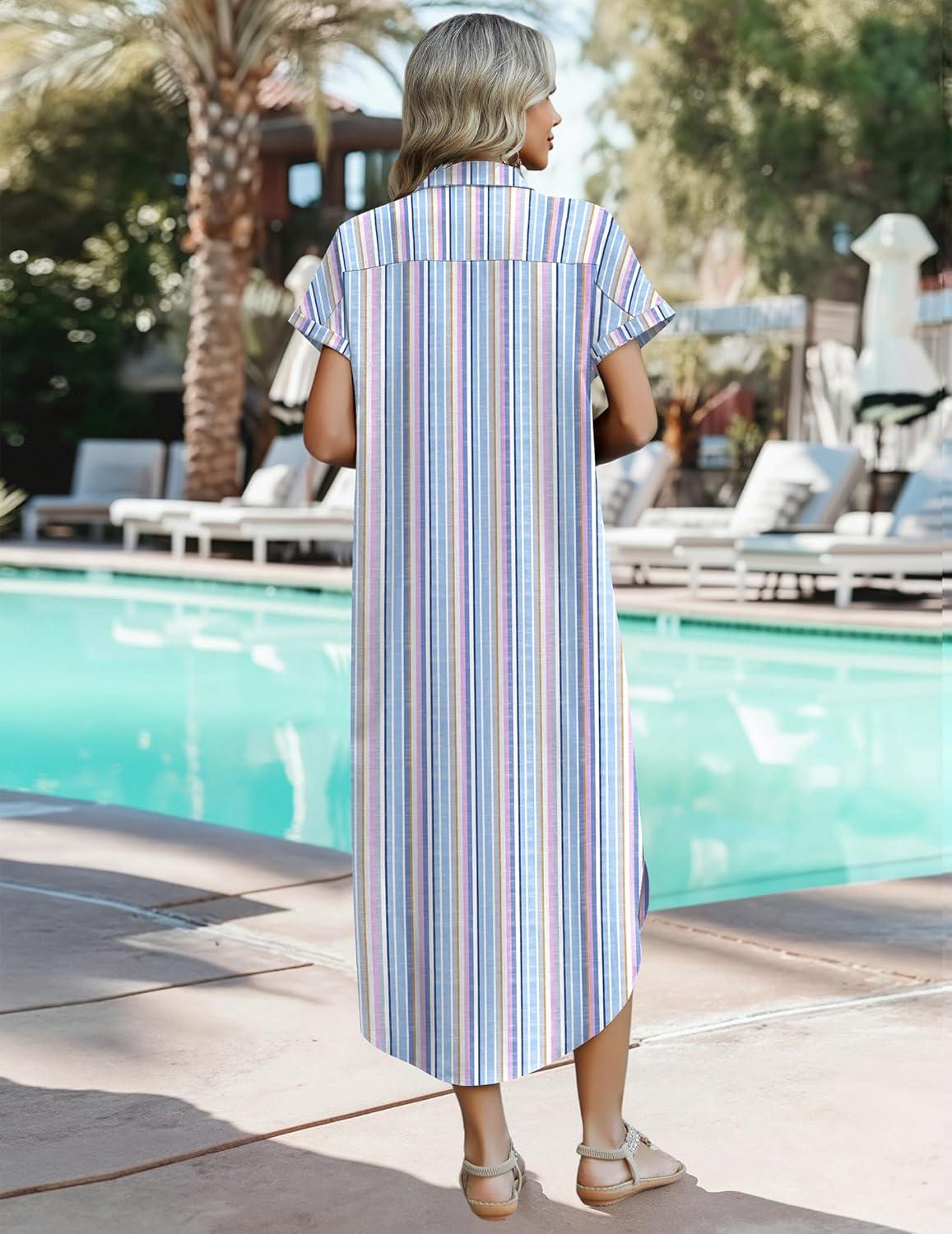 imageZeagoo Womens Summer Casual Short Sleeve Button Down Long Shirt Dresses Loose Swimsuit Beach Cover Ups with PocketsPinkblue