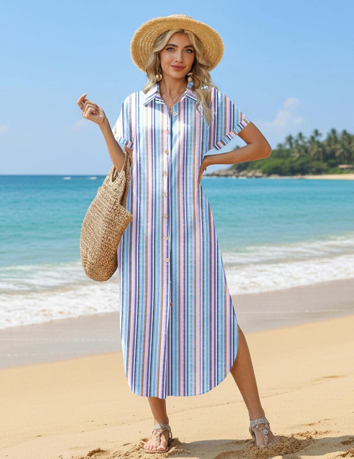imageZeagoo Womens Summer Casual Short Sleeve Button Down Long Shirt Dresses Loose Swimsuit Beach Cover Ups with PocketsPinkblue