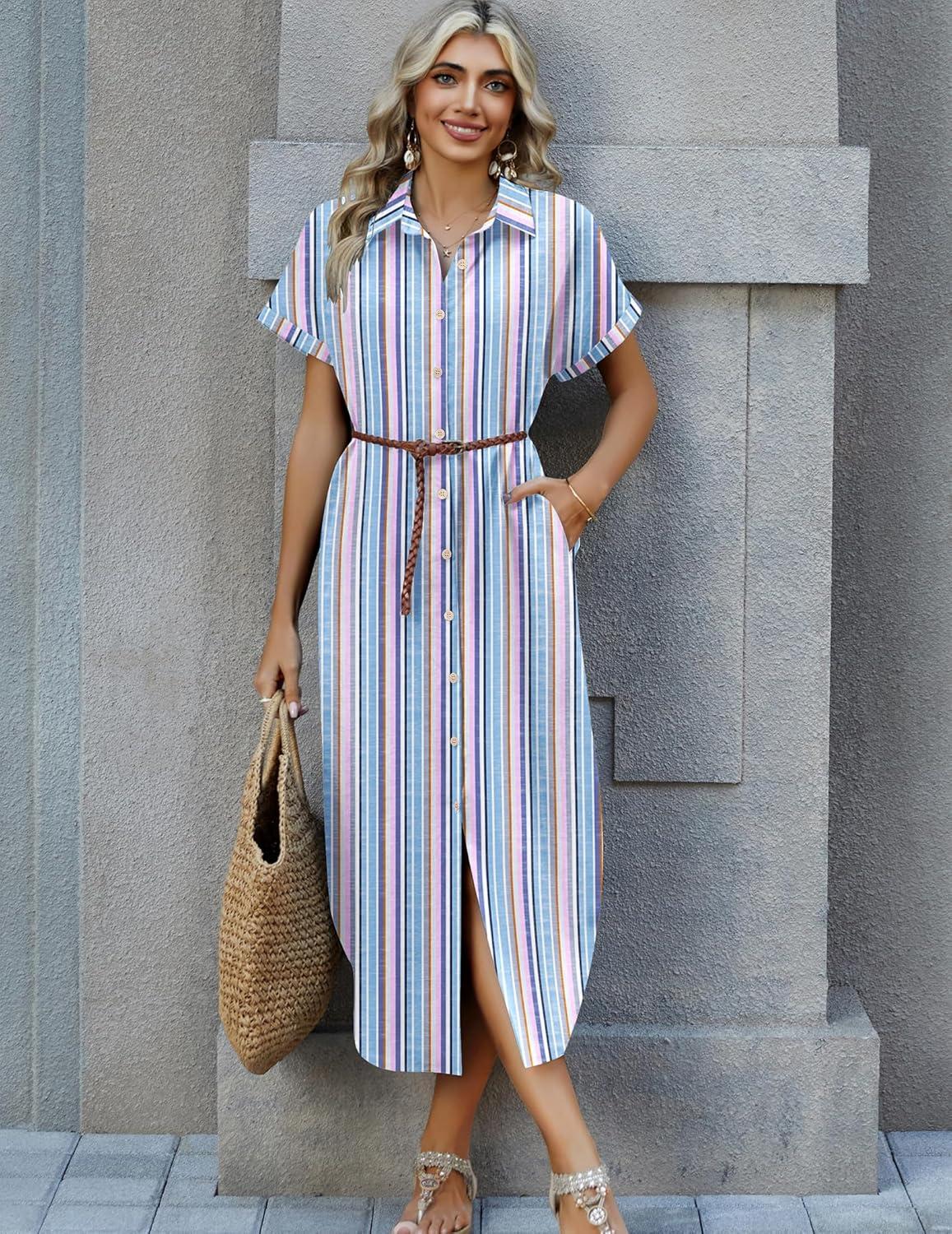 imageZeagoo Womens Summer Casual Short Sleeve Button Down Long Shirt Dresses Loose Swimsuit Beach Cover Ups with PocketsPinkblue
