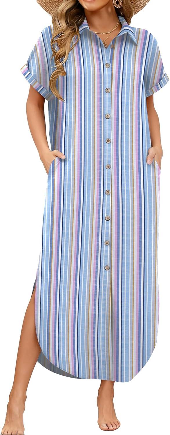 imageZeagoo Womens Summer Casual Short Sleeve Button Down Long Shirt Dresses Loose Swimsuit Beach Cover Ups with PocketsPinkblue