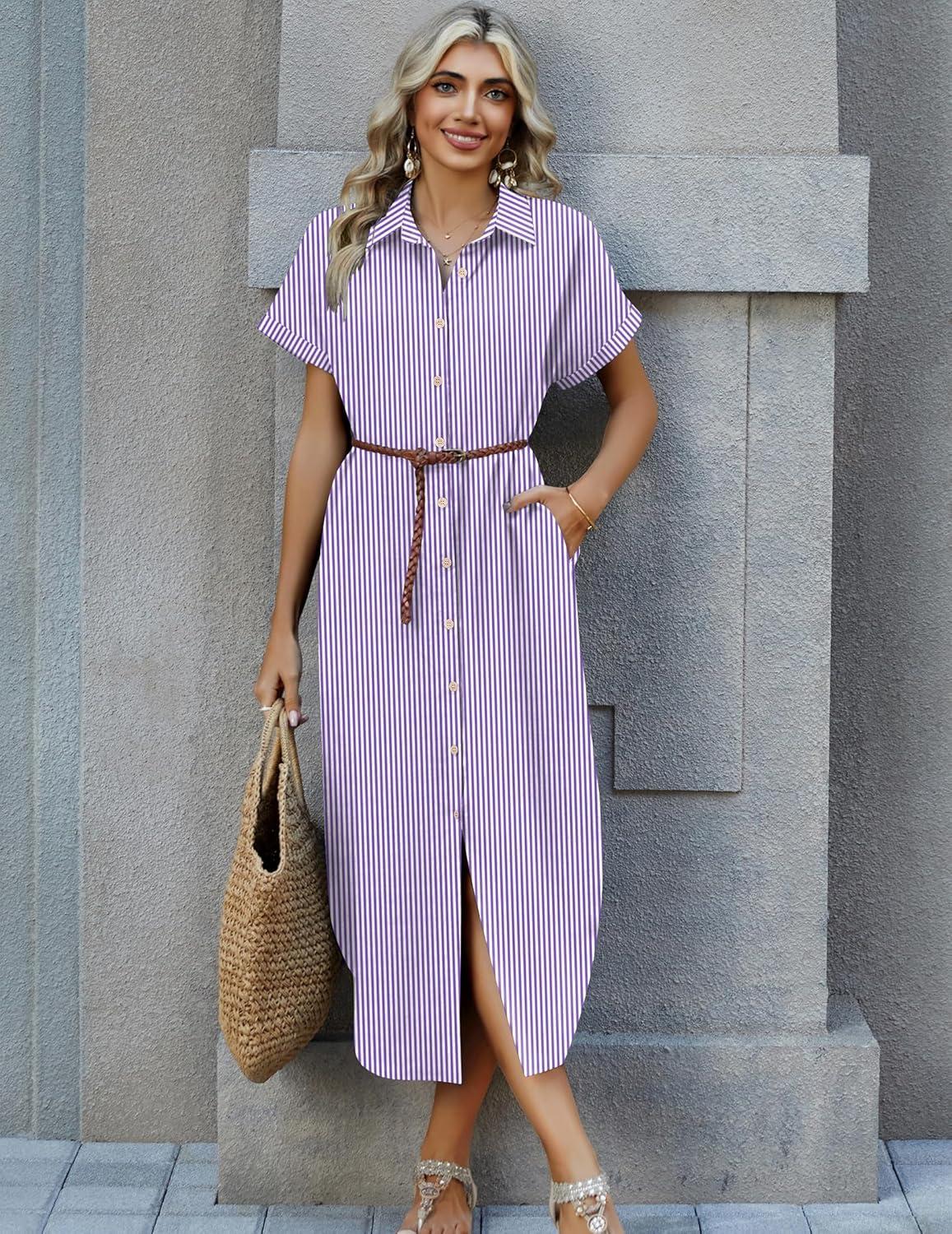 imageZeagoo Womens Summer Casual Short Sleeve Button Down Long Shirt Dresses Loose Swimsuit Beach Cover Ups with PocketsPurple Stripe