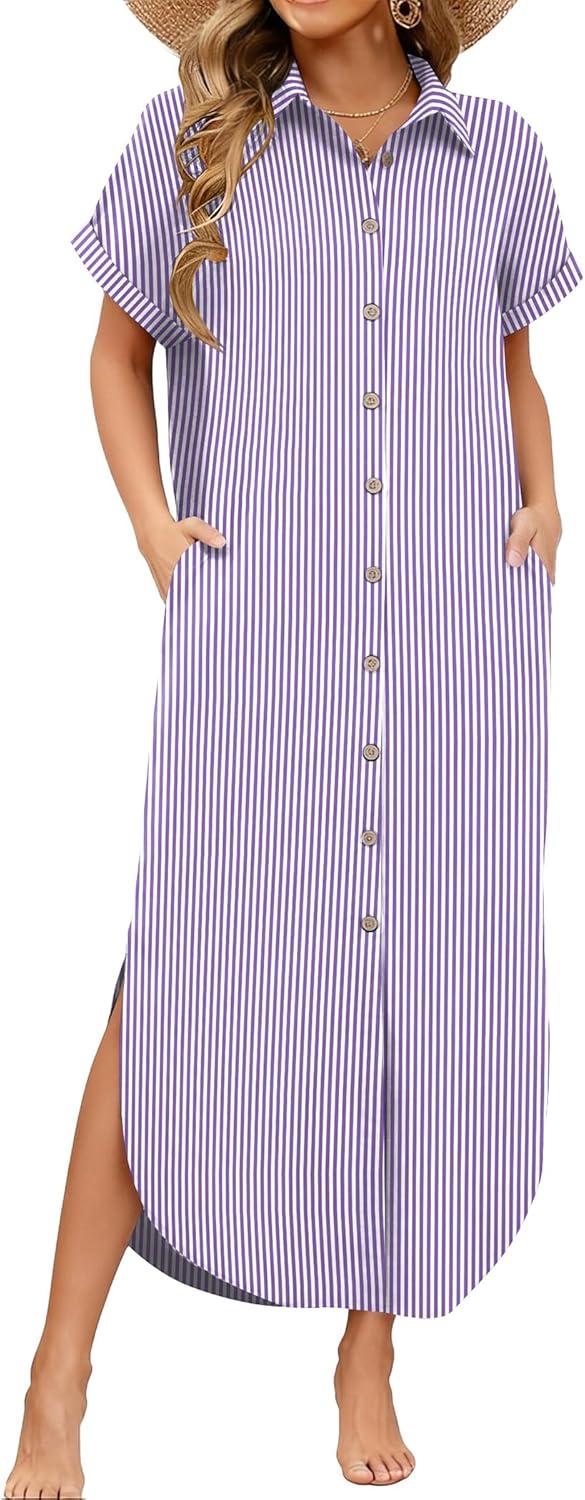 imageZeagoo Womens Summer Casual Short Sleeve Button Down Long Shirt Dresses Loose Swimsuit Beach Cover Ups with PocketsPurple Stripe