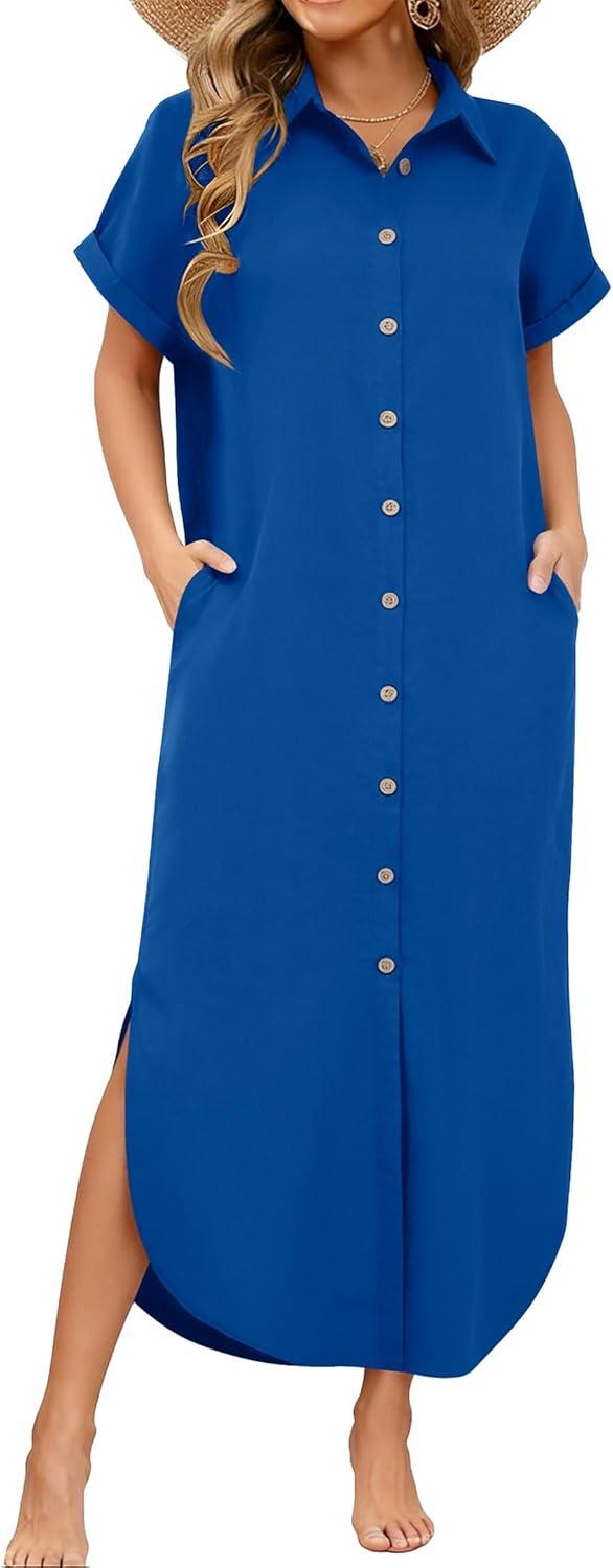 imageZeagoo Womens Summer Casual Short Sleeve Button Down Long Shirt Dresses Loose Swimsuit Beach Cover Ups with PocketsRoyal Blue