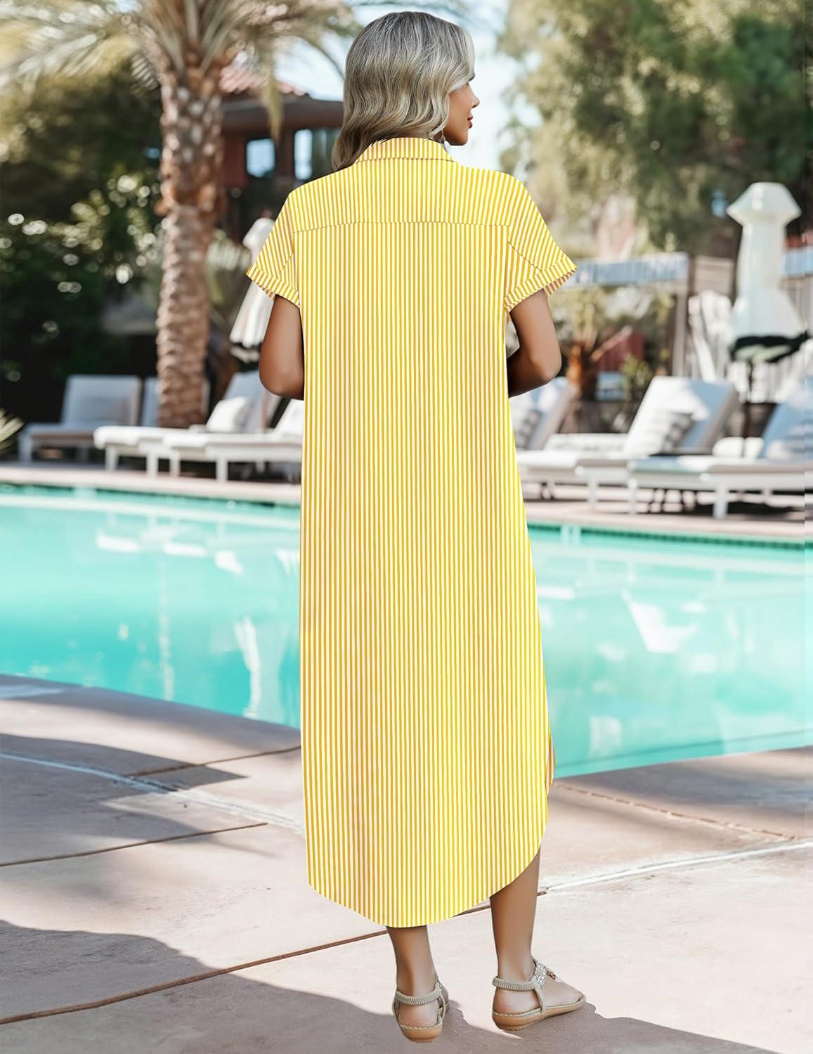 imageZeagoo Womens Summer Casual Short Sleeve Button Down Long Shirt Dresses Loose Swimsuit Beach Cover Ups with PocketsYellow Stripe