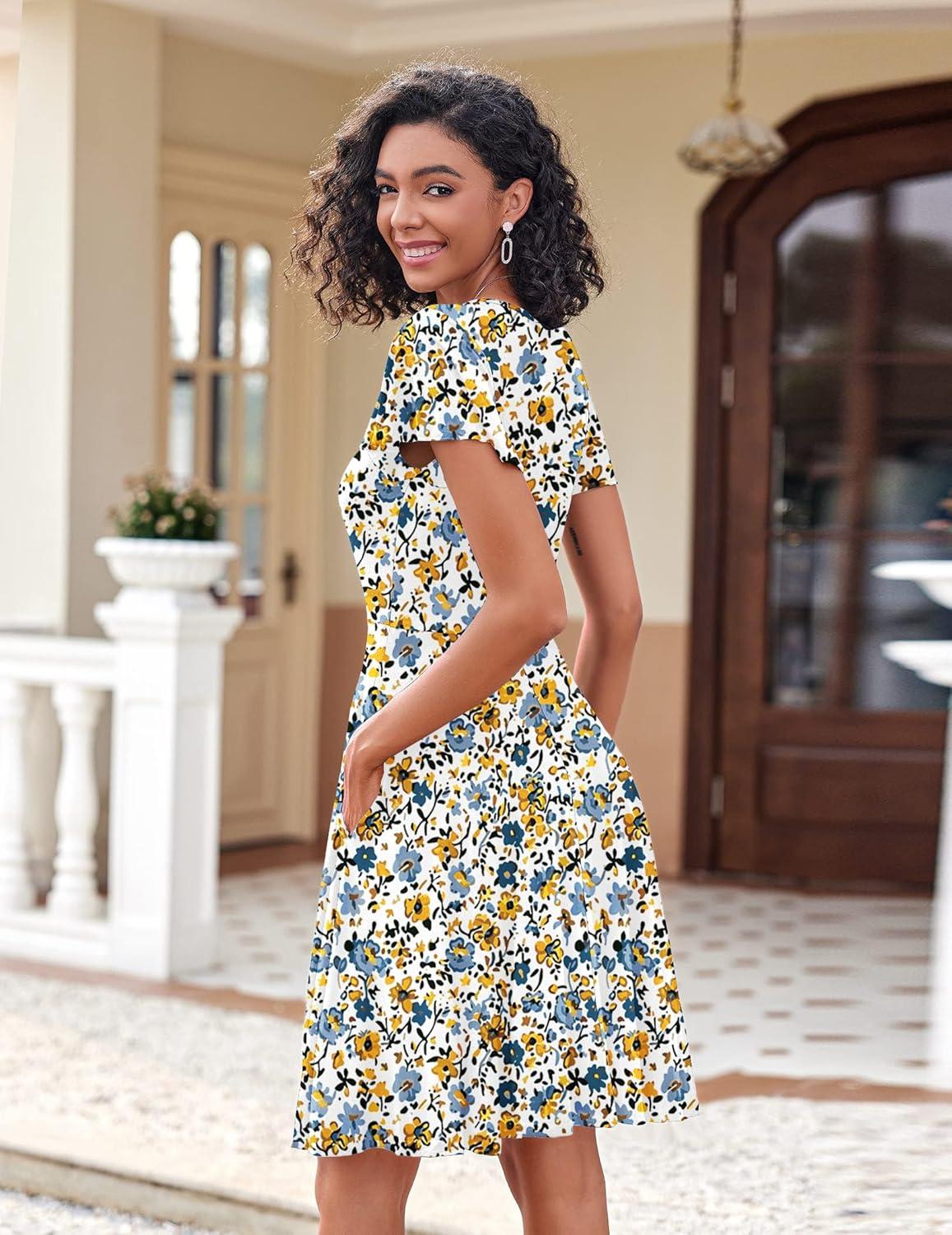 imageZeagoo Womens Summer Dress Casual Swing Floral Ruffle Short Sleeve Sundresses Beach Mini Aline Shift Dress 2026 with PocketsBlue Yellow Floral