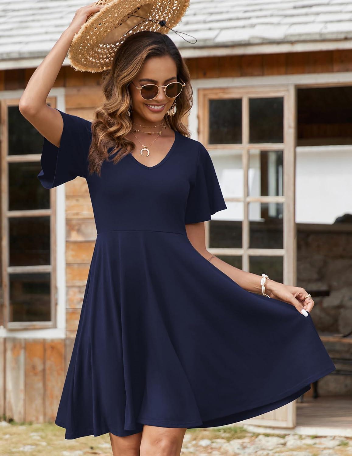 imageZeagoo Womens Summer Dress Casual Swing Floral Ruffle Short Sleeve Sundresses Beach Mini Aline Shift Dress 2026 with PocketsNavy