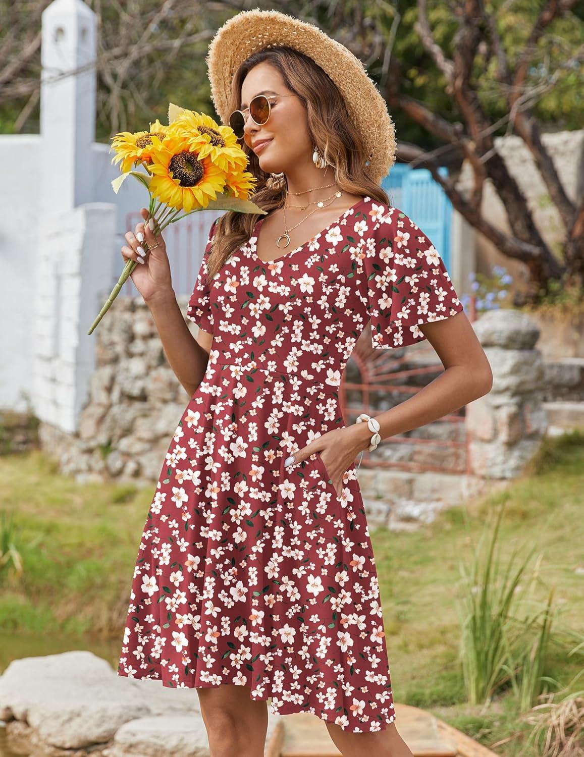imageZeagoo Womens Summer Dress Casual Swing Floral Ruffle Short Sleeve Sundresses Beach Mini Aline Shift Dress 2026 with PocketsRed Floral