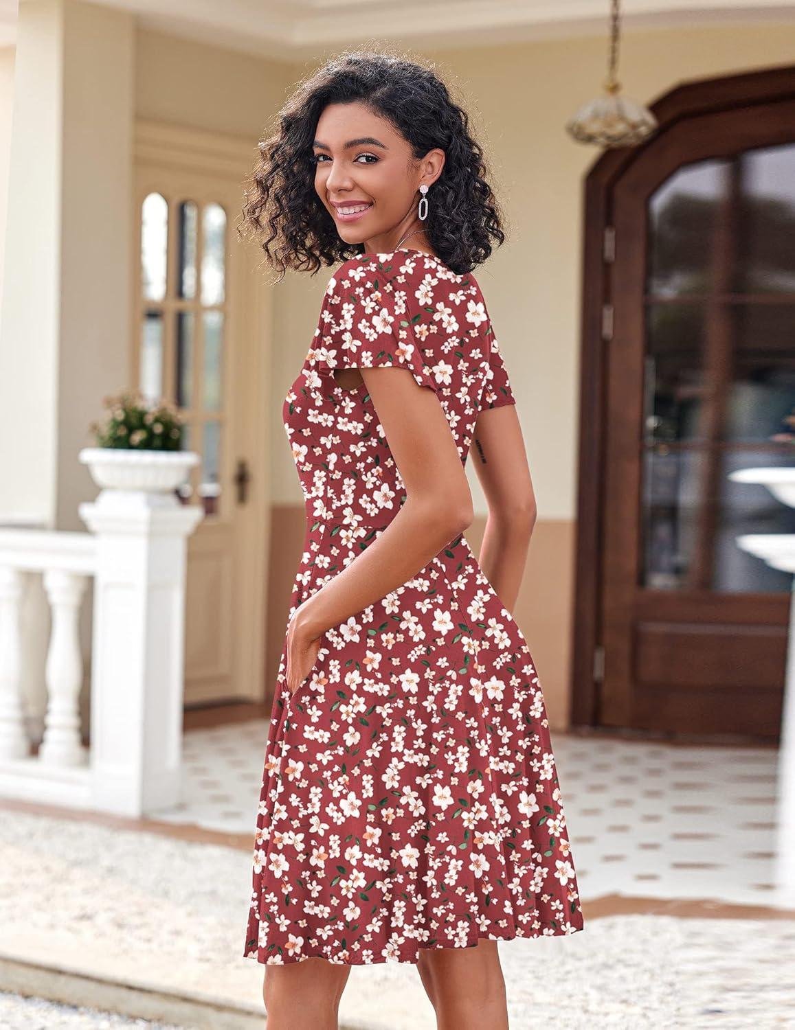 imageZeagoo Womens Summer Dress Casual Swing Floral Ruffle Short Sleeve Sundresses Beach Mini Aline Shift Dress 2026 with PocketsRed Floral