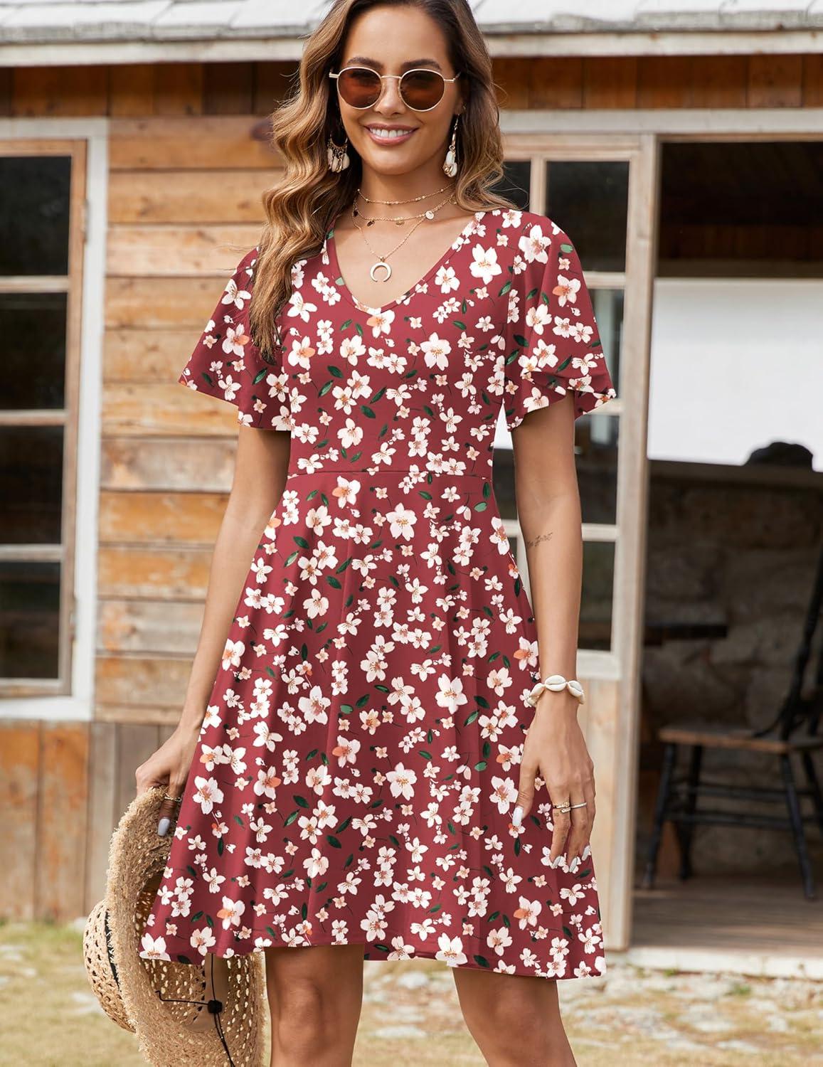 imageZeagoo Womens Summer Dress Casual Swing Floral Ruffle Short Sleeve Sundresses Beach Mini Aline Shift Dress 2026 with PocketsRed Floral