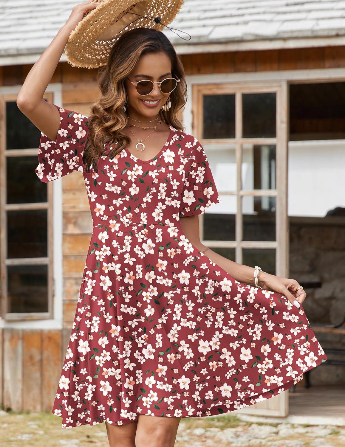 imageZeagoo Womens Summer Dress Casual Swing Floral Ruffle Short Sleeve Sundresses Beach Mini Aline Shift Dress 2026 with PocketsRed Floral