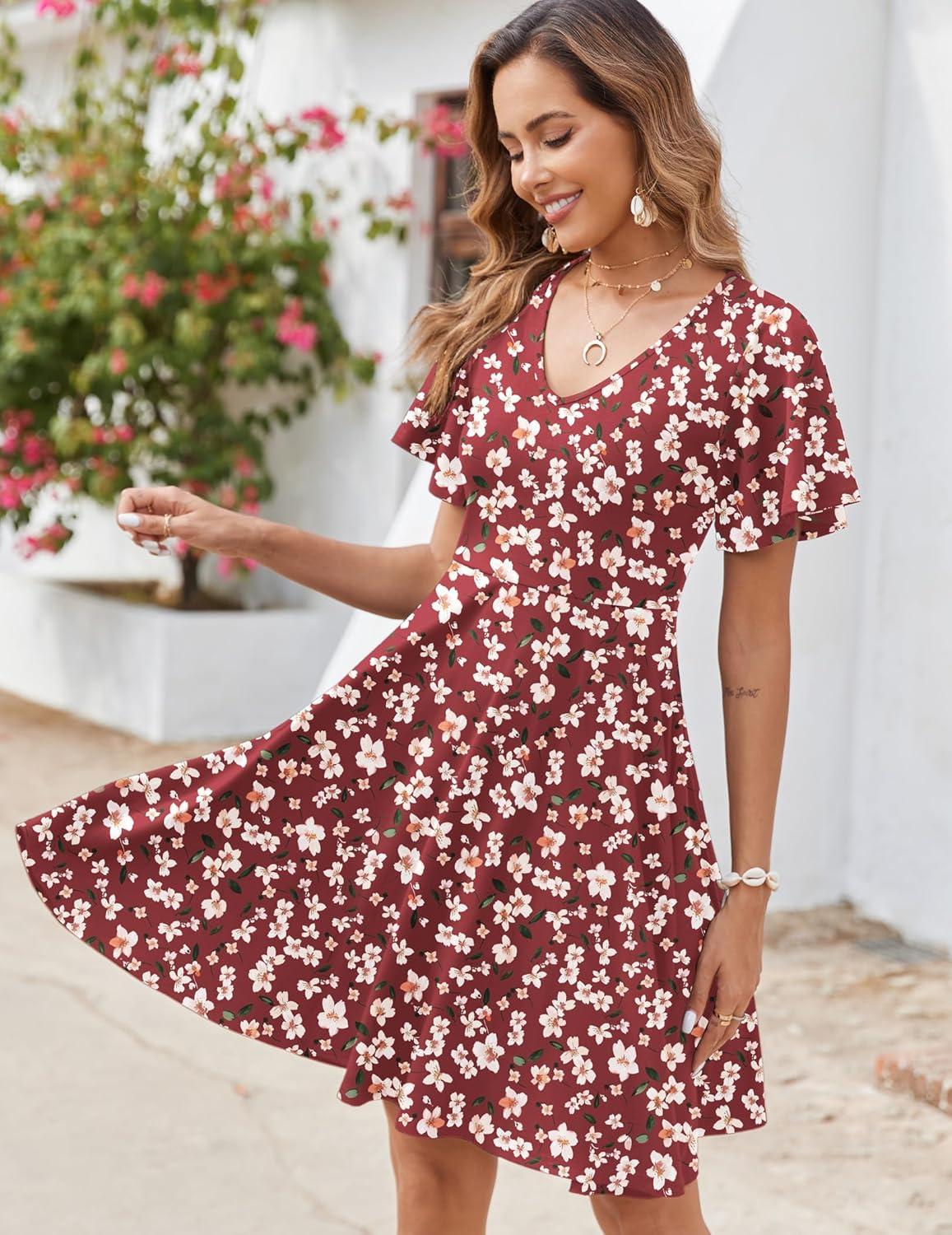 imageZeagoo Womens Summer Dress Casual Swing Floral Ruffle Short Sleeve Sundresses Beach Mini Aline Shift Dress 2026 with PocketsRed Floral