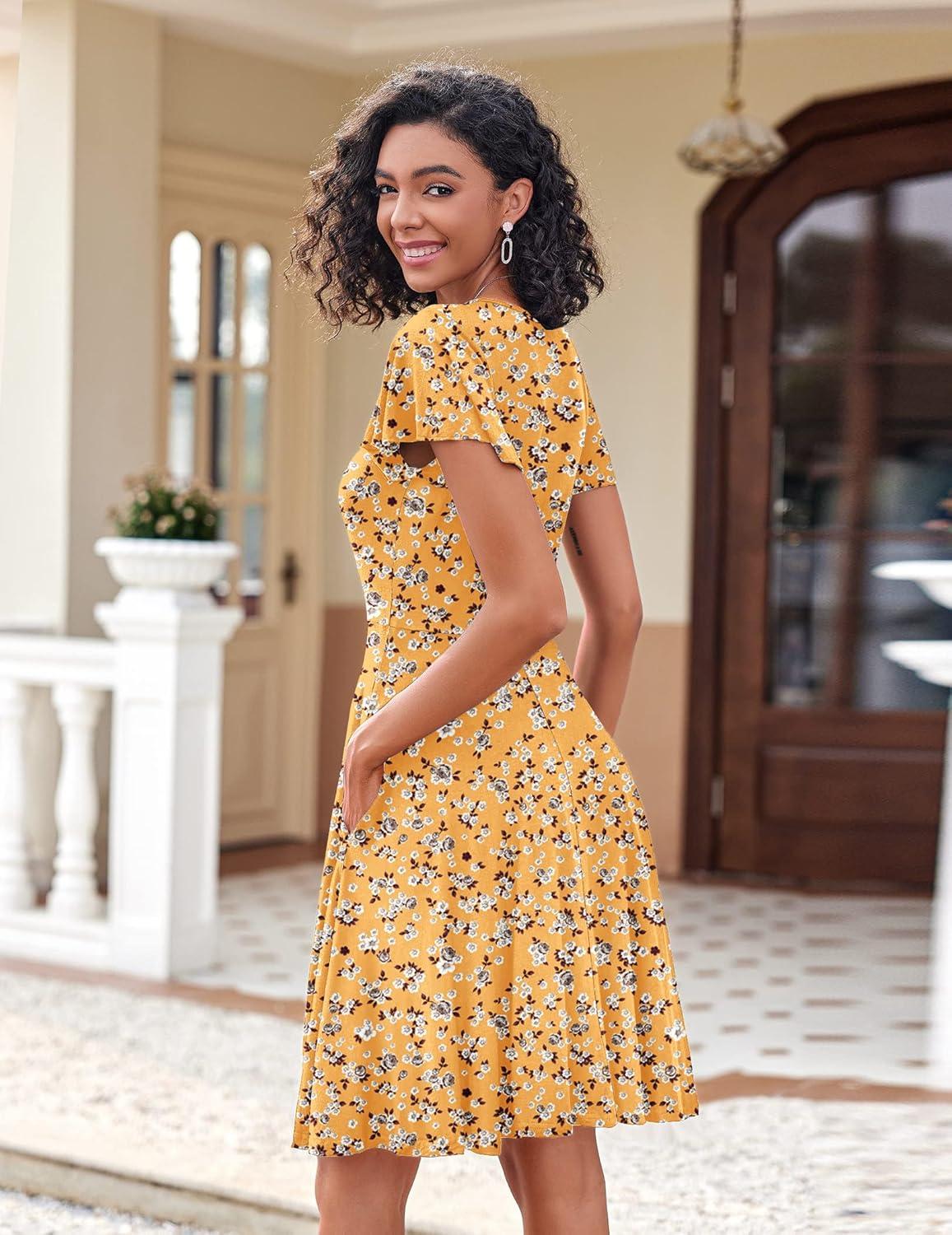 imageZeagoo Womens Summer Dress Casual Swing Floral Ruffle Short Sleeve Sundresses Beach Mini Aline Shift Dress 2026 with PocketsYellow Floral