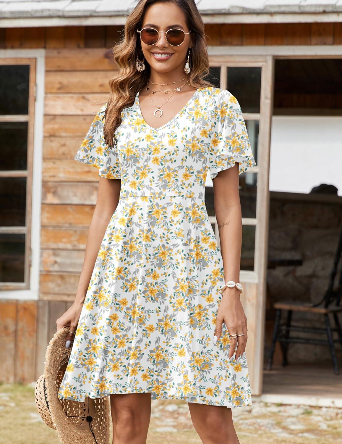 imageZeagoo Womens Summer Dress Casual Swing Floral Ruffle Short Sleeve Sundresses Beach Mini Aline Shift Dress 2026 with PocketsYellow White Floral