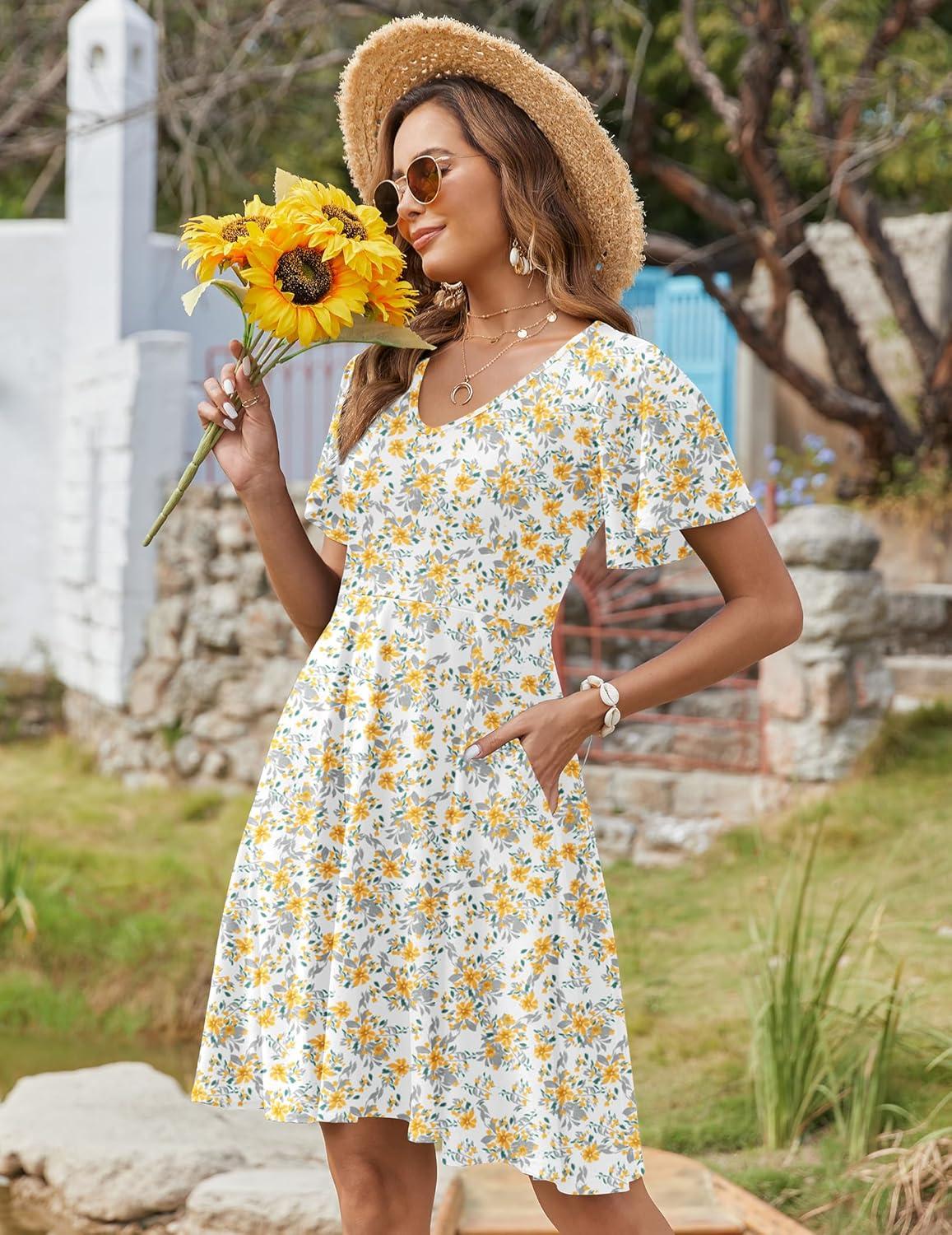 imageZeagoo Womens Summer Dress Casual Swing Floral Ruffle Short Sleeve Sundresses Beach Mini Aline Shift Dress 2026 with PocketsYellow White Floral
