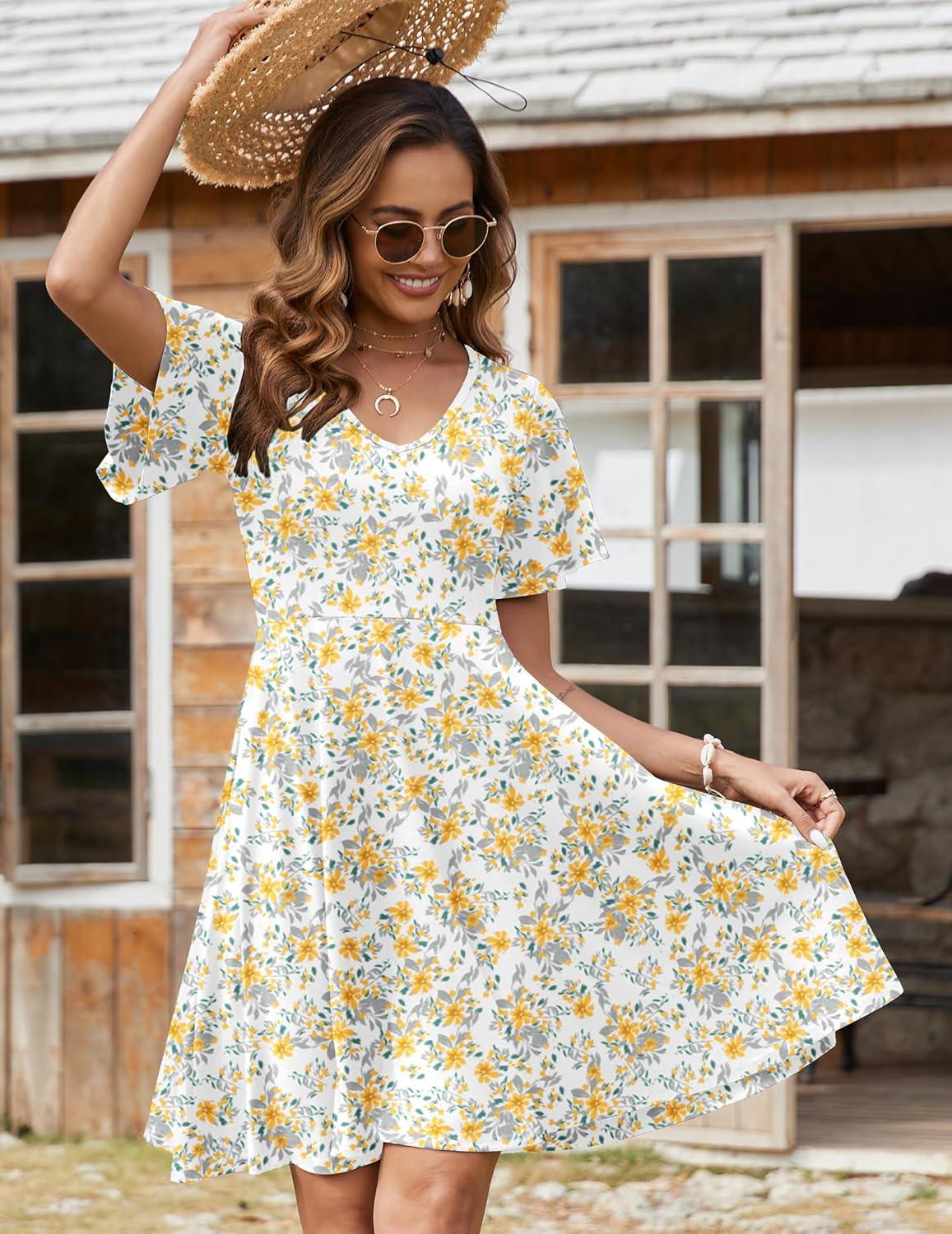 imageZeagoo Womens Summer Dress Casual Swing Floral Ruffle Short Sleeve Sundresses Beach Mini Aline Shift Dress 2026 with PocketsYellow White Floral