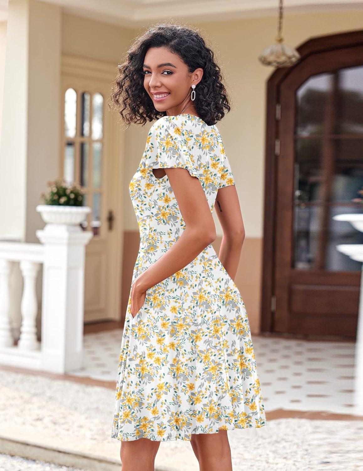 imageZeagoo Womens Summer Dress Casual Swing Floral Ruffle Short Sleeve Sundresses Beach Mini Aline Shift Dress 2026 with PocketsYellow White Floral