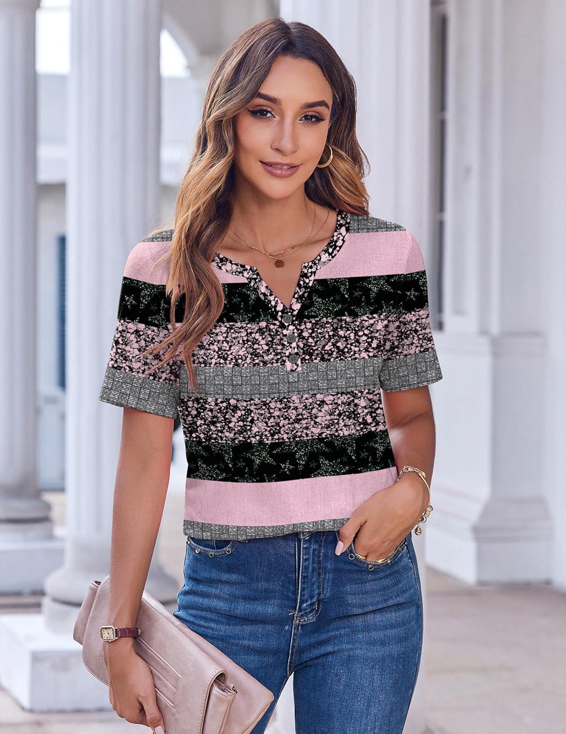 imageZeagoo Womens Summer Tops Casual Short Sleeve V Neck Shirts Business Dressy Work BlousesStripes Black Pink