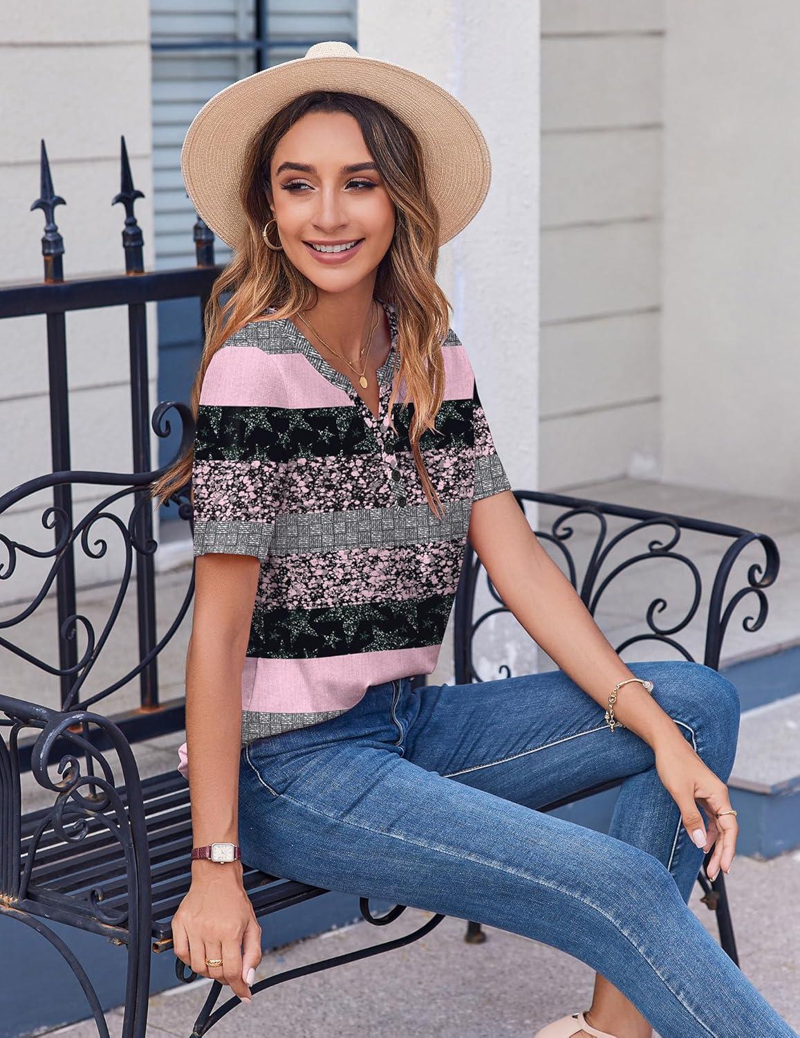 imageZeagoo Womens Summer Tops Casual Short Sleeve V Neck Shirts Business Dressy Work BlousesStripes Black Pink